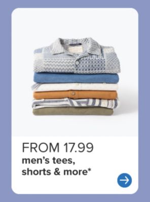 From 17.99 men's tees, shorts and more. Stack of folded shirts. 
