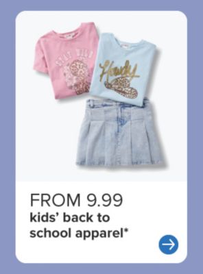 From 9.99 kids' back to school apparel. Pink and blue children's shirts with denim skirt. 