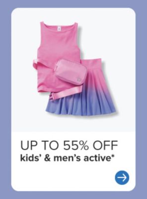 Up to 55% off kids' and men's active. Pink and blue athletic wear. 