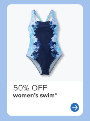 50% off women's swim. Navy blue one-piece swimsuit. 
