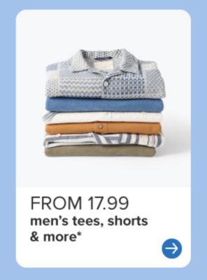 From 17.99 men's tees, shorts and more. Stack of folded shirts. 