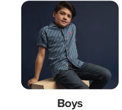 A boy in a blue shirt and jeans. Shop boys.