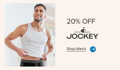 Man in a white tank top and black underwear. 205 off Jockey. Shop men's.
