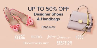 A pair of heels with floral details and a gray purse. Up to 50% off designer shoes & handbags. Shop now. Lucky Brand. BCBG. Tommy Hilfiger. HOBO. Aerosoles. Dooney & Bourke. Reaction Kenneth Cole.