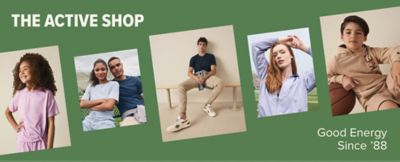 The active shop. Images of boys and girls of various ages in activewear. Good energy since 88