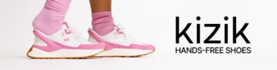 A pair of pink and white sneakers. Kizik hands-free shoes.