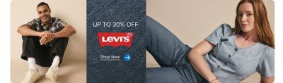 Up to 30% off Levi's. Levi's logo. Shop now. Young adults wearing Levi's apparel.