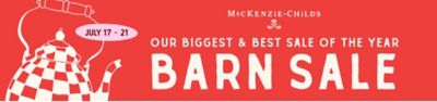 Checkered teapot. Mackenzie Childs logo. Our biggest & best sale of the year. Barn sale.
