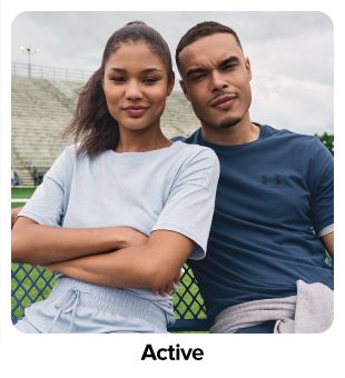 Woman and man in athletic wear. Shop active.