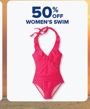 60% off women's swim. Pink one-piece swimsuit.
