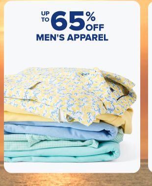 Up to 65% off men's apparel. Stack of folded patterned shirts.