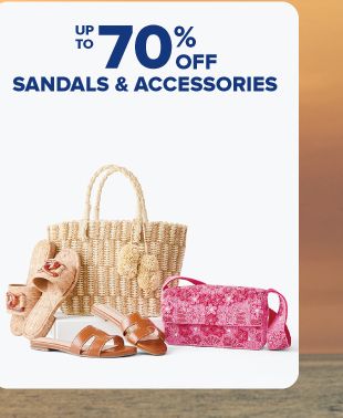 Up to 70% off sandals and accessories. Woven handbag with pink clutch.