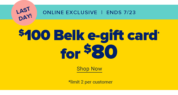 $100 Belk e-gift card for $80. Shop Now.