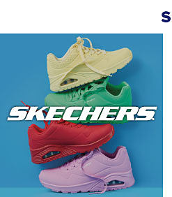 Four bright pairs of shoes. Shop Skechers.