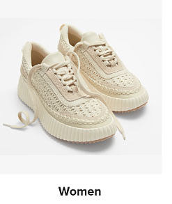 A pair of beige women's sneakers. Shop women. 