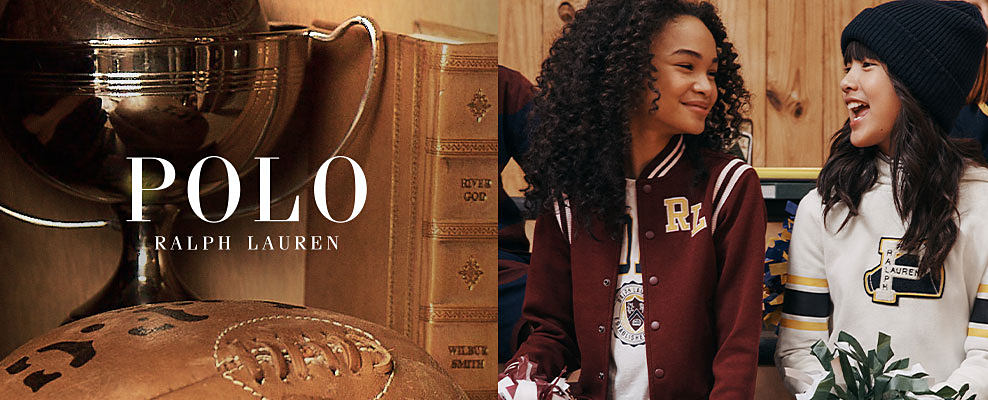 Polo Ralph Lauren. An image of a football and trophy. An image of two girls wearing Ralph Lauren clothing.