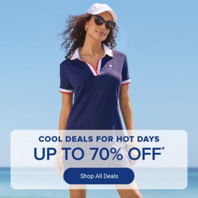 A woman in a polo dress in front of the ocean. Cool deals for hot days. Up to 70% off. Shop all deals.