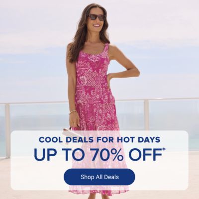 A woman in a pink printed maxi dress. Cool deals for hot days. Up to 70% off. Shop all deals.