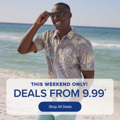 A man in a button down shirt and shorts. This weekend only deals from 9.99. Shop all deals.