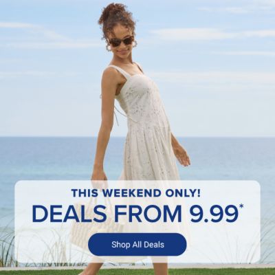 A woman in a white dress in front the ocean. This weekend only deals from 9.99. Shop all deals.