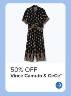 A black printed woman's jumpsuit. 50% off Vince Camuto & CeCe. 