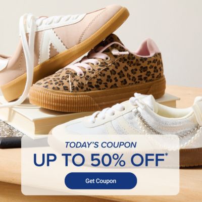 Assorted fashion sneakers. Today's coupon, up to 50% off. Get coupon.