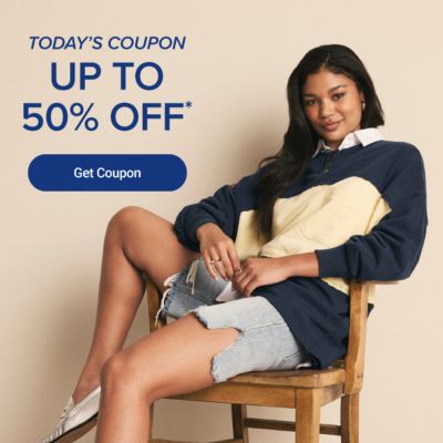 A young woman sitting in a chair. Today's coupon, up to 50% off. Get coupon.