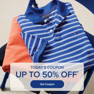 A stack of folded polo shirts. Today's coupon, up to 50% off. Get coupon.