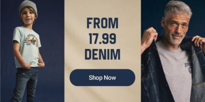 A kid in a t-shirt and jeans. From 17.99 denim. Shop Now. A man in a jean jacket.