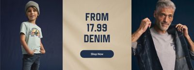 A kid in a t-shirt and jeans. From 17.99 denim. Shop Now. A man in a jean jacket.