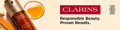 A double serum bottle. Clarins. Responsible beauty. Proven results.