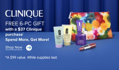 Clinique. Free 6-pc gift with a $37 Clinique purchase. Shop now. A $99 value. While supplies last. 5 Clinique products and a floral bag. A Clinique mask bottle, floral tote and cleanser. Spend more, get more. Spend $60, get your gift + an eye cream. Spend $80, get your gift + an eye cream and tote. Spend $100, get your gift + 3 extras.