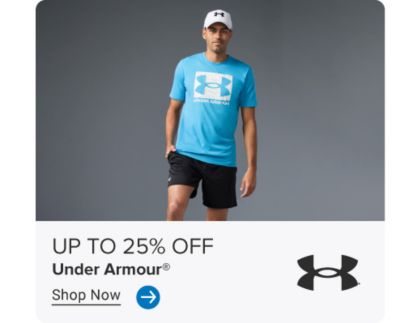 Up to 25% off Under Armour. Shop now. A man in a white hat, blue t-shirt and blue shorts.