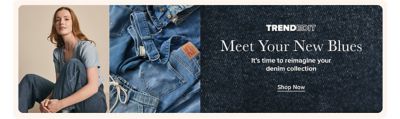 A woman in denim. A stack of denim apparel. TrendEdit. Meet your new blues. It's time to reimagine your denim collection. Shop now.