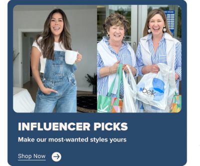 A woman in overalls. Two woman in matching outfits holding shopping bags. Influencer picks. Make our most-wanted styles yours. Shop now.