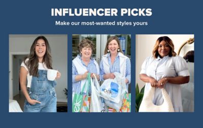 A woman in overalls. Influencer picks. Make our most-wanted styles yours. Shop now. Two women in matching outfits holding shopping bags. A woman wearing a dress holding a handbag. Influencer picks. Make our most-wanted styles yours.