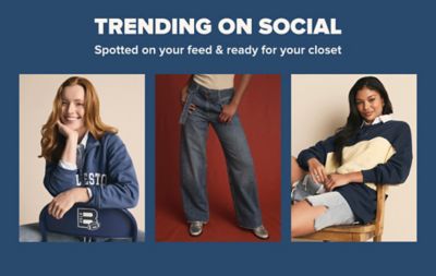Trending on social. Spotted on your feed & ready for your closet. A woman in a blue crewneck and jeans. A woman in jeans. A woman in a crewneck and jean shorts