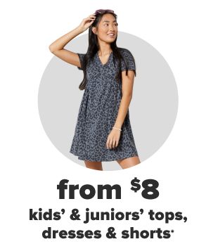 A young woman in a gray leopard spotted dress. From $8, kids' and juniors' tops, dresses and shorts. 