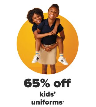 A boy in a blue New Balance tee and blue New Balance shorts. 50% off kids' activewear from New Balance, Nike and more. A girl in a blue polo and khaki skirt carries a boy on her back, who also wears a blue polo. $12 kids' uniforms. A stack of blue jeans in different shades of blue. From $12 kids', juniors' and young men's denim. 