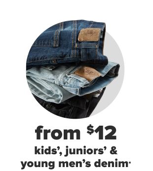 A boy in a blue New Balance tee and blue New Balance shorts. 50% off kids' activewear from New Balance, Nike and more. A girl in a blue polo and khaki skirt carries a boy on her back, who also wears a blue polo. $12 kids' uniforms. A stack of blue jeans in different shades of blue. From $12 kids', juniors' and young men's denim. 