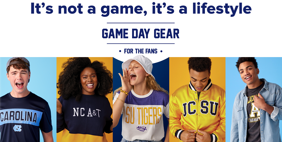 It's not a game, it's a lifestyle. Game Day Gear, for the fans. A man in a UNC tee shirt, a woman in an NC A & T tee shirt, a woman in a LSU tee shirt, a man in a Johnson C Smith University jacket, a man in a hoodie with a black American flag on the back. 