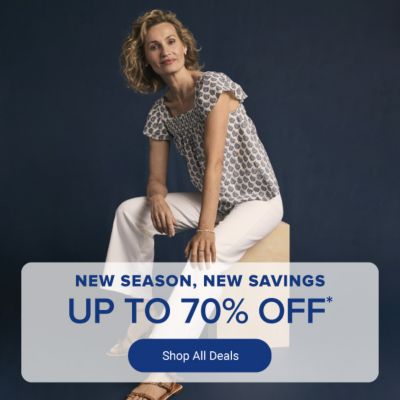 A woman in a shirt and pants. New season, new savings. Up to 70% off. Shop all deals.