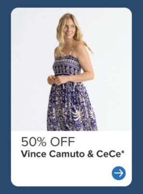 A woman in a floral dress. 50% off Vince Camuto & CeCe. 