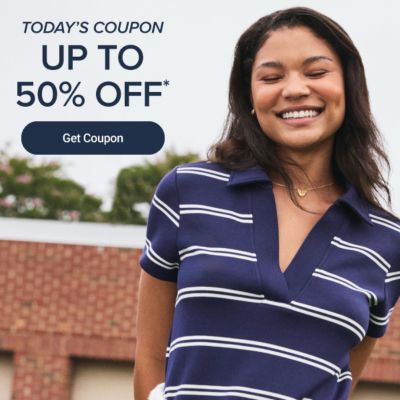 Today’s coupon. Up to 50% off. Get coupon. Woman in a blue shirt.