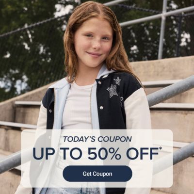 Today’s coupon. Up to 50% off. Get coupon. Girl in a black and white jacket.