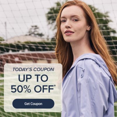 Today’s coupon. Up to 50% off. Get coupon. Woman in a purple jacket.