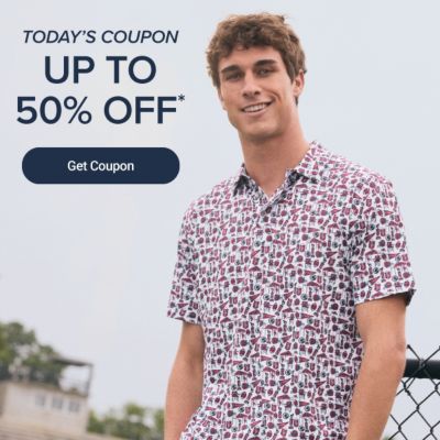 Today’s coupon. Up to 50% off. Get coupon. Man in a polo shirt.