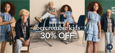 Boys and girls in a classroom wearing abercrombie kids apparel. New at Belk, abercrombie kids for 30% off.