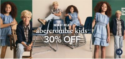 Boys and girls in a classroom wearing abercrombie kids apparel. New at Belk, abercrombie kids for 30% off.