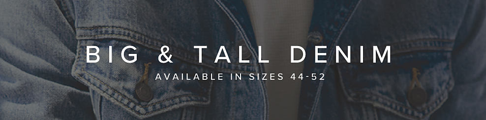 A closeup of a denim jacket with a white tee underneath. Big and tall denim. Available in sizes 44 to 52.